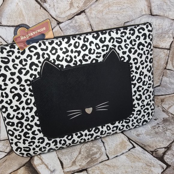 Black MEOW CAT LARGE ZIP POUCH CLUTCH WLR00592 NWT $109 KATE SPADE #Bagsavenue - Picture 2 of 7